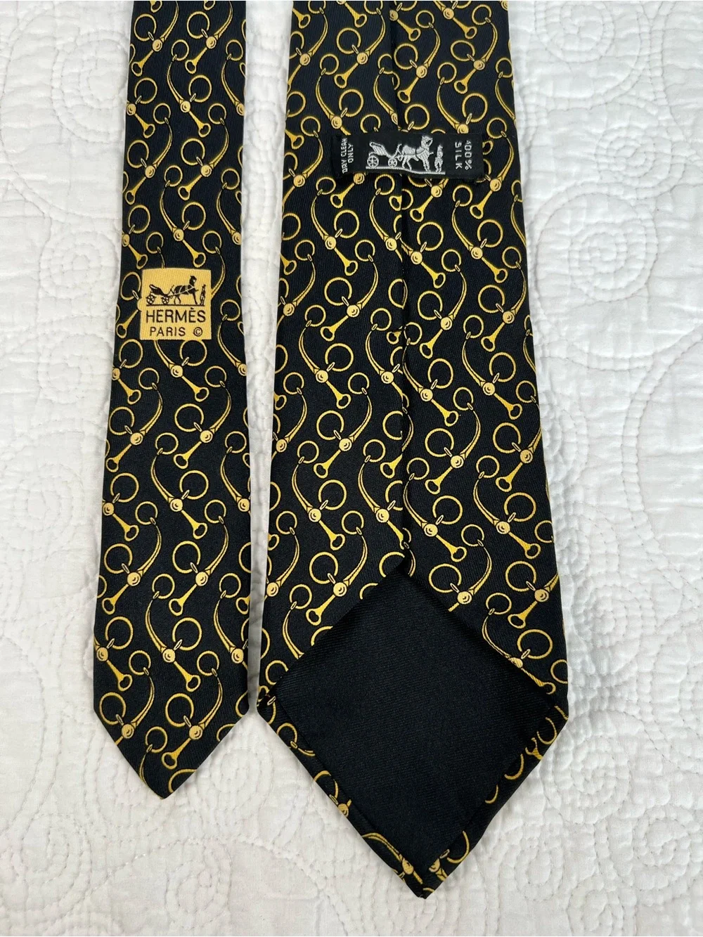 Vintage Hermès Silk Tie 643 TA Black Gold Horsebit Equestrian Scarf Print France